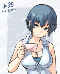  blue_hair breasts casual cleavage cup dated jewelry junkpuyo large_breasts necklace persona persona_4 shirogane_naoto short_hair solo teacup 