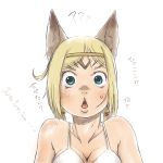  :&lt; ?? animal_ears bikini_top blonde_hair blue_eyes comic final_fantasy final_fantasy_xi headband mithra nekomasu simple_background solo tail white_background 