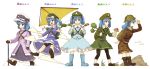  :d alternate_costume bike_shorts blue_eyes blue_hair boots branch cattail costume_chart dress grass hair_bobbles hair_ornament hat holding kawashiro_nitori key leggings looking looking_at_viewer multiple_persona mushroom open_mouth outstretched_arms plant revision skirt smile touhou translated twintails urin walking white_background 