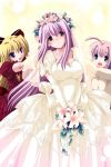  3girls asanami_miori blonde_hair bouquet bows dress earrings female flower hagall_valkyr hair_bow jewelry kurushima_shiho long_hair necklace purple_hair shirogane_no_soleil trio tsurugi_hagane veil wedding_dress white_dress 