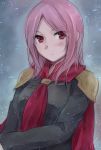  blush bust cape final_fantasy final_fantasy_type-0 imomu long_hair looking_at_viewer pink_hair queen_(fft-0) red_eyes shoulder_pads sketch solo uniform 
