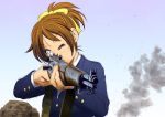  aiming bow brown_hair gun hair_bow hirasawa_ui k-on! m1_garand ponytail ribbon rifle school_uniform solo suupii weapon 