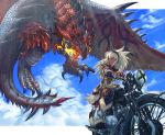  blue_eyes boyaking cloud clouds dark_skin feyline fire kirin_(armor) long_hair monster_hunter motor_vehicle motorcycle rathalos revision sky vehicle white_hair wyvern 