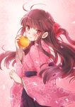  black_hair blush food fruit highres holding imomu japanese_clothes long_hair looking_at_viewer orange original petals red_eyes smile solo wind 