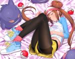  ama_mitsuki black_legwear blush brown_hair closed_eyes double_bun eyes_closed gengar heart legs long_hair lying mei_(pokemon) midriff navel on_side panties panties_under_pantyhose pantyhose poke_ball pokemon pokemon_(game) pokemon_bw2 shoes shorts sleeping sneakers solo twintails underwear visor_cap white_panties 