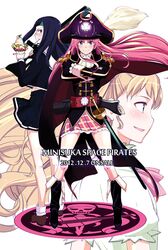  black_hair blonde_hair blue_eyes boots chiaki_kurihara crossed_arms food hat ice_cream jenny_dolittle katou_marika long_hair miniskirt_pirates multiple_girls pink_hair pirate_hat school_uniform skirt sword touge_hiro weapon 