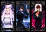  2boys black_hair brown_hair coat command_spell cross cross_necklace emiya_kiritsugu facial_hair fate/zero fate_(series) fur_hat gun hat irisviel_von_einzbern jewelry kotomine_kirei long_hair multiple_boys necklace red_eyes riki_(elseeker) snowing stubble tarot thompson_contender weapon white_hair 