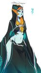  blue_skin breasts forehead_jewel front_ponytail highres hood legs long_hair long_skirt long_sleeves maniacpaint midna navel no_panties orange_hair red_eyes side_slit skirt solo spoilers the_legend_of_zelda twili_midna twilight_princess yellow_sclera 