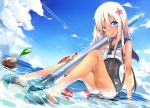  1girl blonde_hair blue_eyes flower hair_flower hair_ornament highres kantai_collection long_hair ro-500_(kantai_collection) ryuuguu_yassuu sailor_collar school_swimsuit sitting swimsuit tongue tongue_out u-511_(kantai_collection) water 