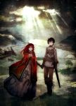  character_request cloud clouds dress gloves hand_holding holding_hands maou_(maoyuu) maoyuu_maou_yuusha red_eyes red_hair redhead sunbeam sunlight sword toi8 weapon yuusha_(maoyuu) 