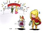  anniversary arm_cannon blonde_hair blush_stickers cake candle chibi closed_eyes commentary dress envelope eyes_closed food headwear_removed helmet helmet_removed highres link metroid metroid_(creature) nintendo paperfiasco payot ponytail power_suit princess_zelda samus_aran shadow skyward_sword smile sweatdrop sword the_legend_of_zelda triforce truth weapon 