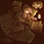  book bookmark closed_eyes crescent eyes_closed hat hat_removed headwear_removed highres lantern long_hair monocle moroheiya_(takushiage) patchouli_knowledge purple_hair scroll simple_background sleeping solo takushiage touhou 