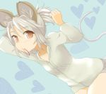  adjusting_hair animal_ears blush grey_hair hoodie ishikkoro looking_at_viewer mouse_ears mouse_tail mouth_hold nazrin ponytail red_eyes rubber_band rubberhand short_hair solo tail touhou 