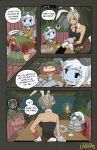 animal_ears belt bunny_ears bunnysuit carrot comic cuffs detached_collar english facepalm food goggles grey_hair highres knife league_of_legends necktie riven_(league_of_legends) shackles teemo tristana wrist_cuffs 