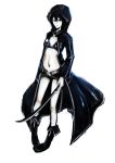  absurdres bikini_top black_hair black_rock_shooter black_rock_shooter_(character) blue_eyes coat flat_chest for_the_flandre highres hood hoodie midriff multiple_belts navel pale_skin scar short_shorts shorts solo sword weapon 