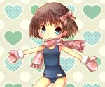  1girl blue_eyes brown_hair hiyopuko mittens original scarf school_swimsuit short_hair swimsuit 