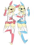  2girls back-to-back elbow_gloves gloves highres maniacpaint minidress minun multiple_girls personification plusle pokemon pokemon_(game) short_hair sketch thigh-highs thighhighs yellow_skin 