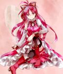  1girl boots character_name dress hair_ribbon long_hair magical_girl mahou_shoujo_madoka_magica naru_(andante) ponytail red_eyes red_hair ribbon sakura_kyouko smile solo 