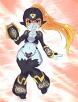  1girl arm_cannon breasts crotch_plate helmet imp long_hair maniacpaint midna orange_hair parody ponytail red_eyes rockman rockman_x solo the_legend_of_zelda triforce twilight_princess weapon wide_hips yellow_sclera 