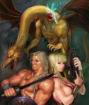  amazon apple arrow barbarian bat blonde_hair blue_eyes bow_(weapon) bracelet breasts capcom castle cloud clouds crossbow dragon dust fairy fangs fantasy food fruit fujiwara_hisashi gem jewelry lips magic_sword manly mist monster muscle necklace nude ponytail realistic shield sword tail tongue tower video_game warrior weapon wings yellow_eyes 