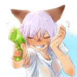  animal_ears closed_eyes comic face final_fantasy final_fantasy_xi foreshortening grin hands mithra nekomasu purple_hair see-through simple_background smile solo water water_gun wet wet_clothes wet_shirt white_background 