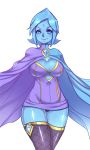  alternate_breast_size alternate_legwear blue_eyes blue_hair blue_skin breasts cape cleavage facial_mark fi fishnet fishnets forehead_mark highres large_breasts legwear maniacpaint minidress no_arms plump skyward_sword smile solo stockings the_legend_of_zelda thigh-highs thighhighs 