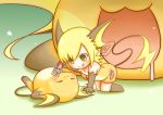  absurdres animal_ears blonde_hair cafe_(chuu_no_ouchi) dress elbow_gloves fork gloves green_eyes highres personification pokemon pokemon_(creature) raichu short_hair tail tongue yellow_dress 