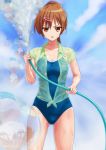  &gt;:o angry brown_hair bubble chuunibyou_demo_koi_ga_shitai! cloud clouds collarbone hair_ornament hairclip highres holding hose looking_at_viewer nibutani_shinka one-piece_swimsuit rasukaru red_eyes reflection school_swimsuit sky sleeves_rolled_up solo spraying swimsuit swimsuit_under_clothes water wet wet_clothes wet_shirt 