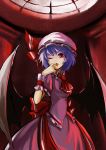  5015632 absurdres ascot bat_wings dress hat highres looking_at_viewer purple_hair red_eyes remilia_scarlet ribbon short_hair solo standing tongue touhou wings wink wrist_cuffs 