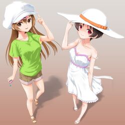  2girls bare_shoulders black_hair brown_hair cabbie_hat candy casual chuunibyou_demo_koi_ga_shitai! dress female gradient gradient_background green_shirt hair_ornament hairclip hand_on_hat hat hat_ribbon hat_tip highres lollipop long_hair looking_at_viewer mole mole_on_breast multiple_girls nibutani_shinka off_shoulder perspective pink_eyes rasukaru ribbon sandals shorts strap_slip sun_hat sundress t-shirt tsuyuri_kumin white_dress 