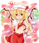  ascot blonde_hair breasts bust flandre_scarlet hat hat_ribbon heart naughty_face navel no_bra red_eyes ribbon shirt_lift short_hair side_ponytail skirt solo tongue touhou under_boob underboob wings 