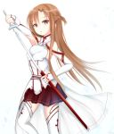  :o armpits asuna_(sao) brown_eyes brown_hair detached_sleeves female holding kirimoti34 long_hair looking_at_viewer scabbard sheath sheathing skirt solo sword sword_art_online thigh-highs thighhighs weapon white_background white_legwear 