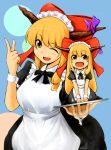  alternate_costume blonde_hair bow dual_persona hair_bow hair_tie headdress horn_ribbon horns ibuki_suika index_finger_raised long_hair minigirl multiple_girls open_mouth raised_finger ribbon smile touhou tray tsuan waitress wink wrist_cuffs yellow_eyes 