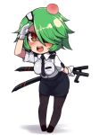  :d black_legwear blush breasts chibi eyepatch gloves green_hair hair_over_one_eye head_bump large_breasts looking_at_viewer necktie null_(nyanpyoun) open_mouth otonashi_kiruko pantyhose salute shinmai_fukei_kiruko-san short_hair simple_background skirt smile solo tonfa uniform weapon yellow_eyes 