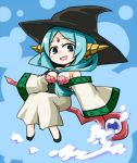  1girl bare_shoulders between_breasts blue_eyes blue_hair chibi dress front_ponytail hat jewelry kugelschreiber magi_the_labyrinth_of_magic shell shell_bikini sidesaddle solo staff witch_hat yamuraiha 