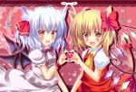  animal_ears ascot bat_wings blonde_hair blue_hair blush bow cat_ears cat_tail dress fang flandre_scarlet hair_bow hair_ribbon heart heart-shaped_pupils heart_hands heart_hands_duo kemonomimi_mode looking_at_viewer multiple_girls no_hat no_headwear open_mouth pink_dress pink_eyes puffy_sleeves red_dress remilia_scarlet ribbon rika-tan_(artist) shirt short_sleeves side_ponytail silver_hair smile symbol-shaped_pupils tail tail_ribbon touhou wings 