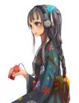  blue_eyes braid digital_media_player flower hair_flower hair_ornament headphones ipod japanese_clothes jasmine_(jasco) kimono original revision single_braid solo 