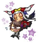  1boy 1girl belt belt_buckle brown_hair carrying chibi commentary dissidia_final_fantasy dress facial_mark final_fantasy final_fantasy_viii flying horns ichimatsu no_pupils open_mouth scar smile squall_leonhart star ultimecia white_hair wings yellow_eyes 