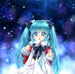  1girl aqua_hair blush bow breath coat hatsune_miku long_hair looking_at_viewer mutou_mato open_mouth snow solo twintails very_long_hair vocaloid younger 