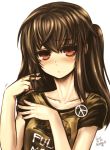  absurdres blush brown_hair bust collarbone dated full_metal_jacket hair_twirling highres kotoba_noriaki long_hair original peace_symbol playing_with_hair red_eyes revision solo 