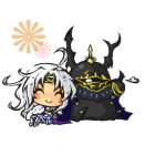  2boys ^_^ ahoge armor breath brothers bunny cape cecil_harvey character_request chibi circlet closed_eyes commentary dissidia_final_fantasy eyes_closed final_fantasy final_fantasy_iv golbeza ichimatsu multiple_boys paladin rabbit siblings sitting smile white_hair 