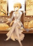  abit adapted_costume ahoge blonde_hair blue_eyes cherry_blossoms chinese_clothes crossed_legs fate/stay_night fate_(series) high_heels legs_crossed painting pillow ribbon saber shoes side_slit sitting solo tassel thigh-highs thighhighs 