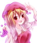  :d aki_minoriko blonde_hair blush cherry collarbone food fruit grapes hat highres holding nicoby open_mouth red_eyes short_hair smile solo touhou white_background 