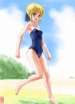 1girl blonde_hair braid fate/stay_night fate_(series) green_eyes maira_gen one-piece_swimsuit saber school_swimsuit swimsuit 