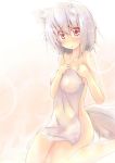  absurdres animal_ears breasts collarbone covering highres inubashiri_momiji naked_towel nijou_makoto nude nude_cover red_eyes revision short_hair silver_hair sitting solo tail touhou towel wariza white_hair wolf_ears wolf_tail 