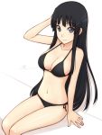  adam700403 akiyama_mio arm_up bikini black_bikini black_eyes black_hair breasts cleavage collarbone hand_on_head k-on! large_breasts long_hair side-tie_bikini simple_background smile solo swimsuit white_background 