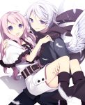  1girl :o belt blush boots capelet carrying feathers hijiri_(resetter) long_hair original pink_hair princess_carry purple_eyes scarf short_hair silver_hair violet_eyes white_wings wings 