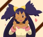  black_hair dark_skin food hair_ornament heart iris_(pokemon) kuro_tomato_(tezukuri) long_hair open_mouth pocky pokemon pokemon_(anime) pokemon_(game) pokemon_bw red_eyes smile solo two_side_up very_long_hair wink 