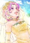  alternate_hairstyle bare_shoulders bride colored_eyelashes dress flower hair_up highres multicolored_hair my_little_pony my_little_pony_friendship_is_magic open_mouth personification princess_mi_amore_cadenza rose sky solo tate-ya veil wedding_dress yellow_rose 