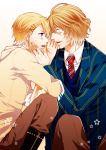  blonde_hair blue_eyes blush closed_eyes eyes_closed glasses highres kurusu_shou male multiple_boys necktie open_mouth pinstripe_pattern school_uniform shinomiya_natsuki short_hair smile uta_no_prince-sama 